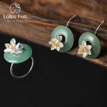 Lotus Забавни Момента Сребро Проба 925, Естествен Зелен Камък, Креативни Бижута Ръчна изработка, Набор от Бижута Lotus Whispers за Жени