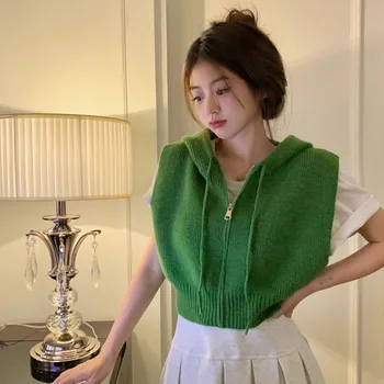 Жена Пуловер Жилетка С Качулка Без Ръкави Майк Корейската Версия На Плътен Цвят