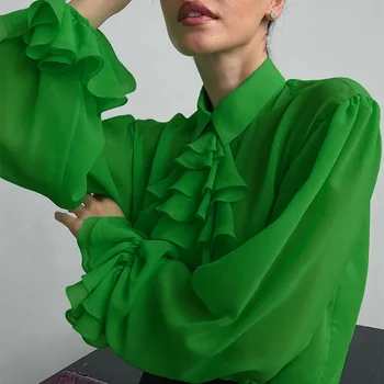 Основната Зелена Риза Оверсайз за Жени, Елегантни, Красиви Блузи, Многослоен яка с рюшами, Женски Нови Пролетни Блузи с Дълъг Ръкав 2022
