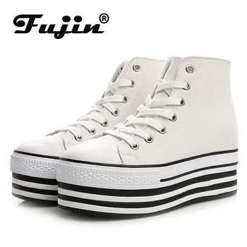 Fujin/ Нова парусиновая обувки с висок берцем дантела, Модни Дишаща Ежедневни дамски обувки в дебела подметка, дамски обувки на платформа с кръгло бомбе