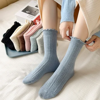 Японски есенно-зимни Вълнени Чорапи, Дамски Модни Обикновена чорапи в стил харадзюку с волани и Рюшами, Дишащи Дебели Чорапи със средна дължина