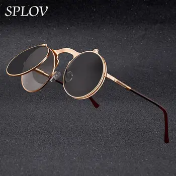 SPLOV Vintage Слънчеви Очила с Панти Капак в стила Steampunk, Ретро, Кръгли Метални Рамки, Слънчеви Очила за Мъже и Жени, Маркови и Дизайнерски Кръгли Очила Oculos