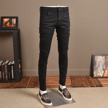 Модерен Мъжки Тесни Дънки Участък Тънки Улични Черни Панталони за Каубои