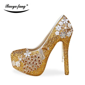 Ново записване, женски сватбени обувки със златни кристали, вечерни обувки-лодка на висок ток за Булка, Мода обувки на платформа