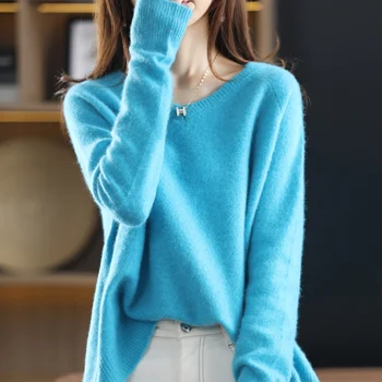 Жена Обикновен Вълнен Пуловер, Пролетта и есента Нов Стил, малък корейски Свободен Пуловер с V-образно деколте, 100% Натурална Вълна, Универсален Модерен Пуловер