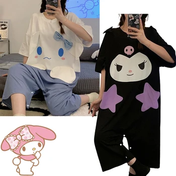 Kawaii Cinnamorol Kuromi, цели пижами, дамски тънък студентски нощница Sanrio с къси ръкави, памучно рокля за момичета размер плюс