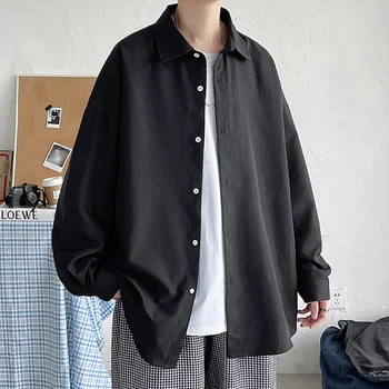 Корейската Мода Черни Ризи с дълъг Ръкав 2022 Есен Мъжки Harajuku Черна Риза Оверсайз Копчета Ризи Блузи 5XL