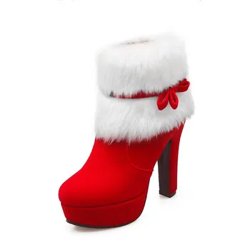 Зимни Дамски Ботильоны, Коледна Обувки На Платформа и Висок Ток, Жените Полусапожки на Топло Меху, Червени, Черни дамски официални обувки, Големи Размери 43