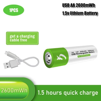 Литиево-йонна батерия с капацитет от 100% 1,5 AA, литиево-полимерна батерия с капацитет 2600 МВтч с USB-акумулаторна литиево-йонна батерия usb + USB кабел