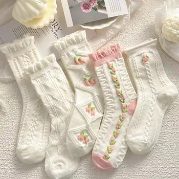 5 бр./бели Чорапи със средна дължина, с цветен модел, дамски Модни японски Пудровые Чорапи цветове за Мъгла, студентски Чорапи Loli Spring Thin Section JK, Розови Нови