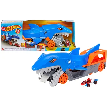 Игри Набор от Hot Wheels Shark Chomp Превозвача с една кола в мащаб 1: 64 съхранява пет превозни средства в своя корем Играчка, Подарък за рожден ден за Момчета GVG36
