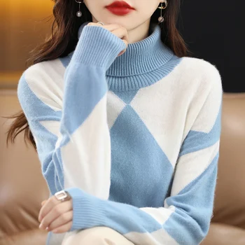 M-XXL Вълнен Пуловер, Пуловер, 22 нови женски Пуловери с висока яка, 100% Вълнен Пуловер, Удобни и топли Контрастен Вязаный Пуловер