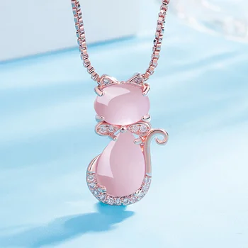 Дамски парти Е идеален за приятен розов кристален камък Котка висулка колие Темперамент Бижута подарък