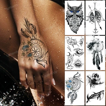 малка татуировка стикер водоустойчив ловец на сънища перо компас слънце луна татуировка на китката на ръката превръзка ръкав временни татуировки сладки