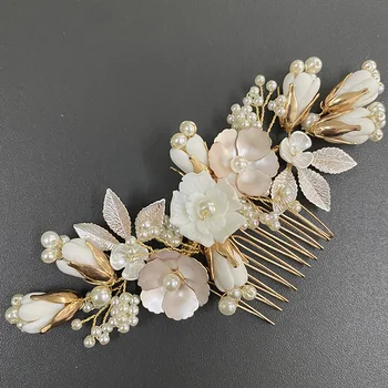 Златист Цвят имитация на перли идиличен аксесоари за коса, четка за коса-аксесоари за лесен ръчно изработени керамични цвете сватба четка за коса